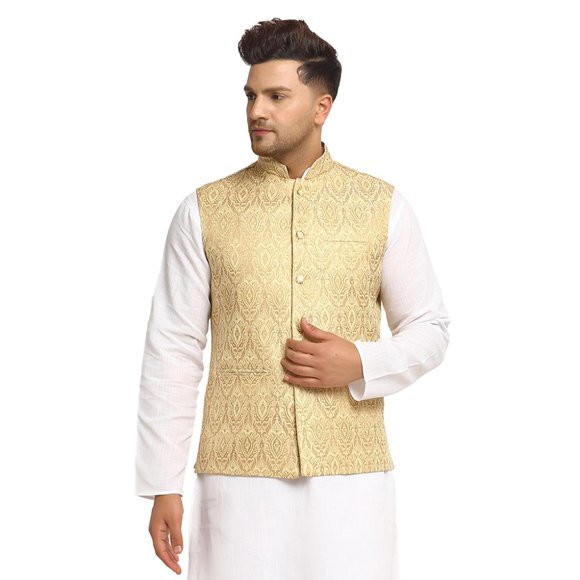 Sleeveless Traditional Brocade Silk Fabric Light Golden Nehru Jacket by Treemoda - Picture 1 of 5